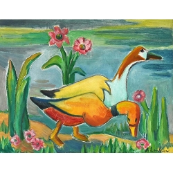 Ducks and Flowers in a Landscape