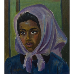 Portrait of a young girl wearing amauve doek